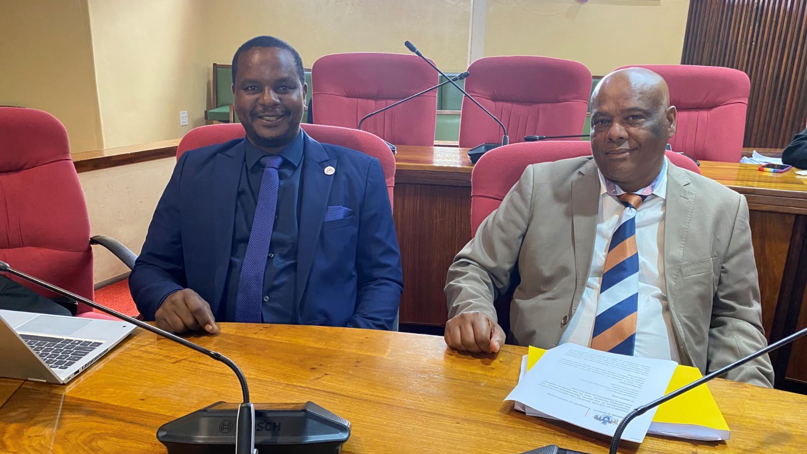 Members of Parliament Sifiso Jele (L) and Lugongolweni MP Joseph Souza yesterday in Parliament during the Sports, Culture and Youth Affairs Ministry’s debate of the annual performance report.